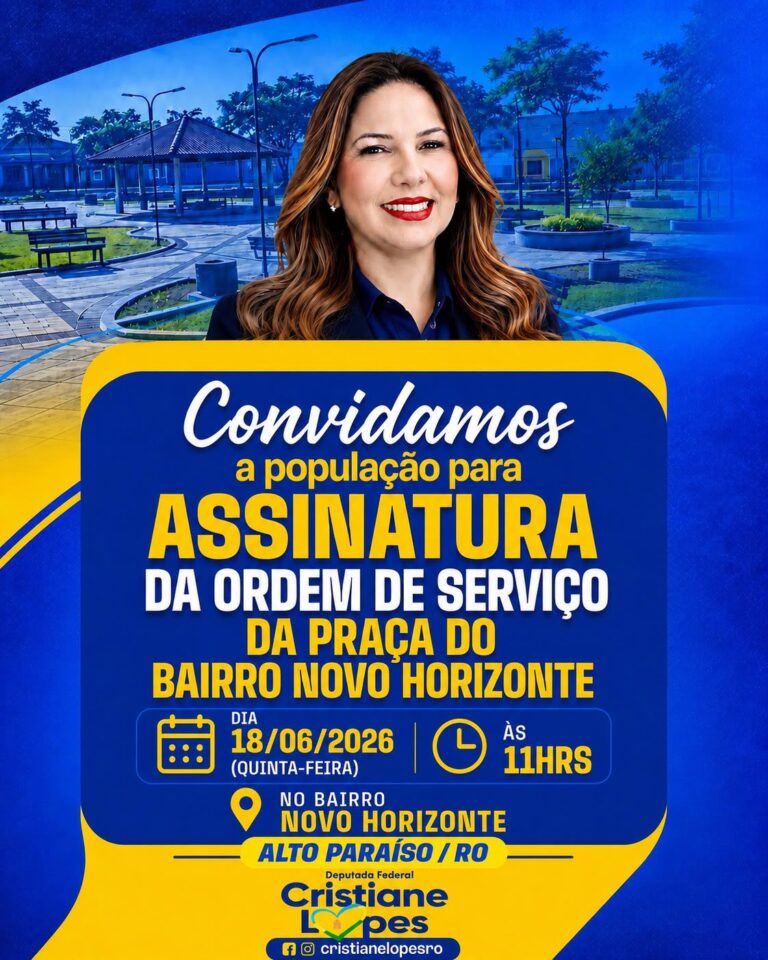 Convidamos toda a população para participar da assinatura da ordem de serviço da Praça do Bairro Novo Horizonte, que acontecerá no dia 18 de junho (quinta-feira), às 11h, no Bairro Novo Horizonte.